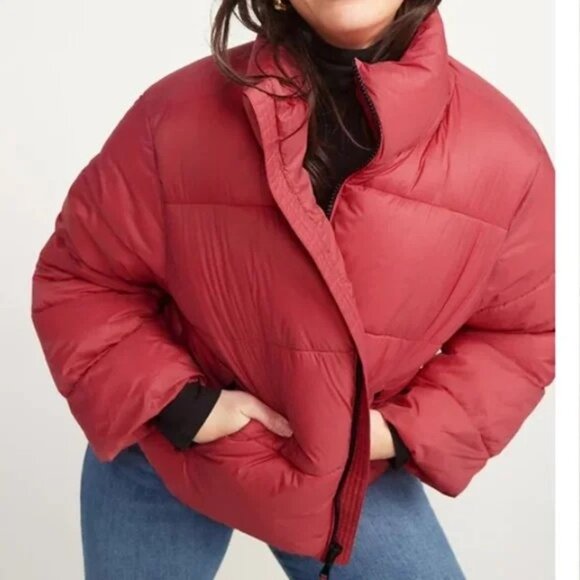Old Navy Womens XXL Water-Resistant Puffer Jacket Cropped Red‎ Zip Pockets Fall - Picture 1 of 10